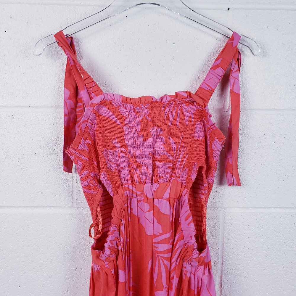 Japna Maxi Dress Tropical Cutout Ruched Top Pink Red Floral Size Large - Picture 5 of 9